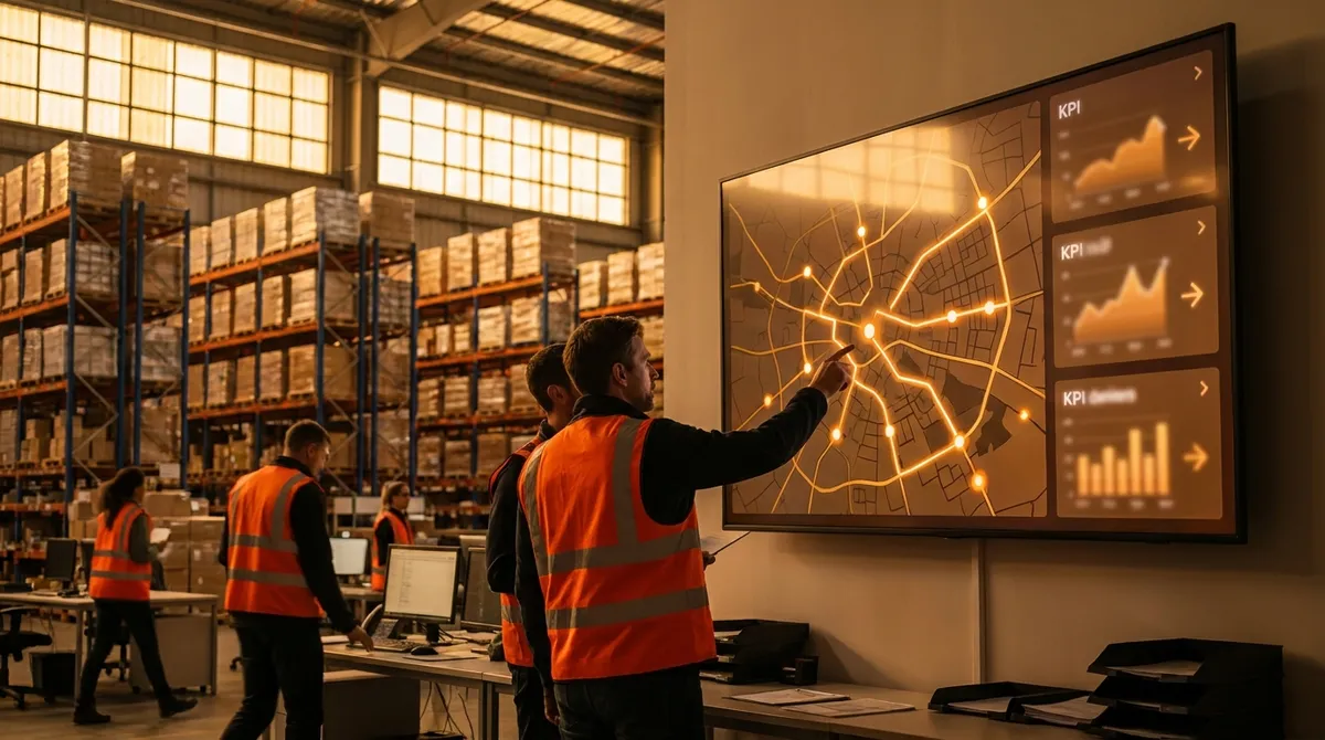 A warehouse operations center with a wall-mounted logistics dashboard showing delivery routes and tracking data, a person in a high-visibility vest pointing at the screen
