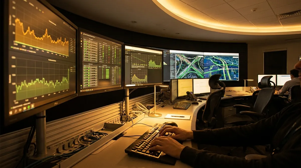 A network operations center with curved monitors displaying uptime graphs and server status indicators, hands on a keyboard backlit by warm amber screen glow