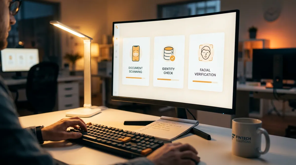 A modern fintech workspace with a large monitor displaying a KYC verification interface showing document scanning and identity check flows, hands on a keyboard