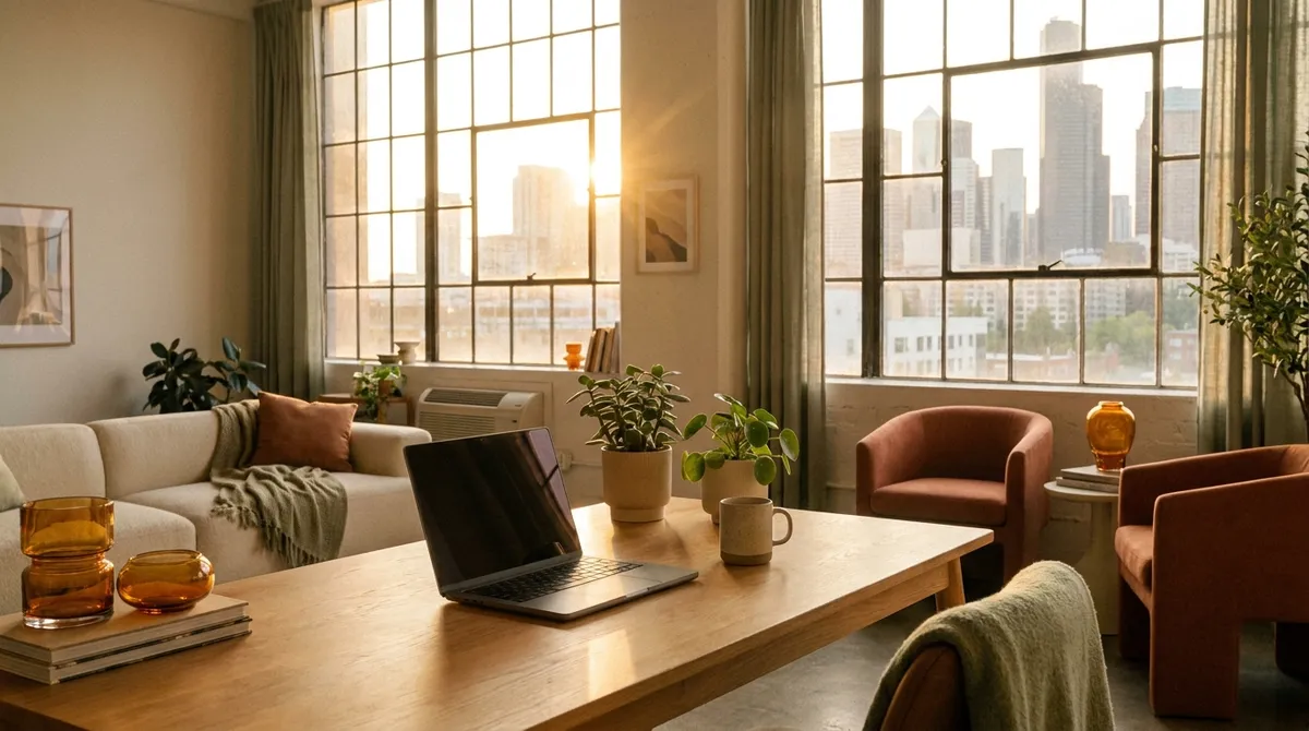 A rooftop workspace overlooking Accra at golden hour, laptop open to a dashboard