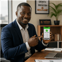Business professional in a modern office holding a smartphone showing a mobile money transaction screen