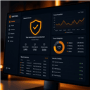 Cybersecurity dashboard displaying a shield icon and threat-prevention metrics on a monitor with warm amber lighting