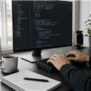Developer's hands typing on a mechanical keyboard with clean code visible on a dark IDE screen in a minimalist desk setup