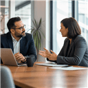 Two business professionals seated across a wooden table in a bright office engaged in an open collaborative conversation